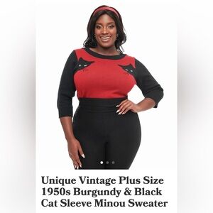 NWOT Unique Vintage 1950s Burgundy & Black Cat Sleeve Minou Sweater Plus 2X/3X
